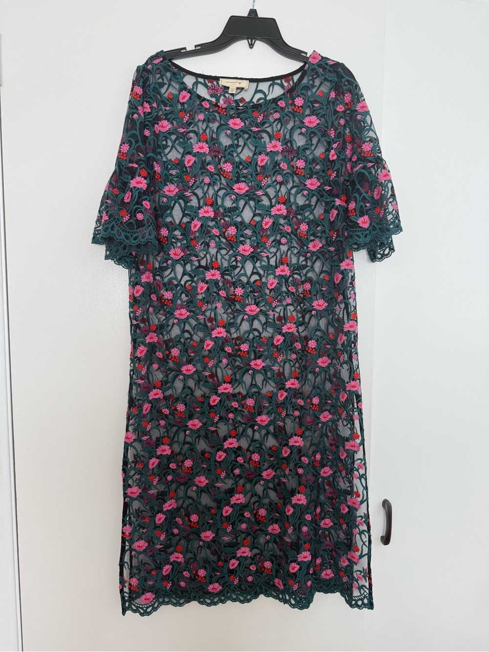 Moulinette Soeurs Teal, Red, and Pink Floral Embroidered Midi Dress